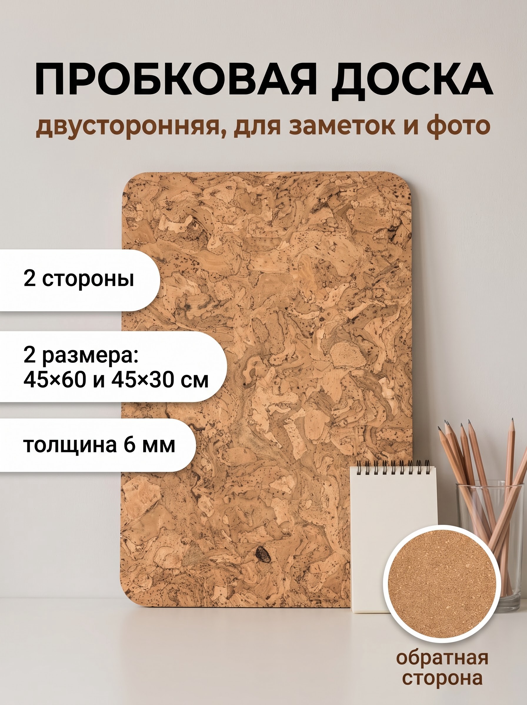 Двусторонняя пробковая доска для заметок и фотографий